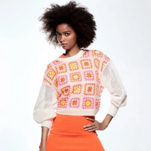 Zara Sweater | Zara Chenille Crocheted Pink and Orange - Picture 3 of 12